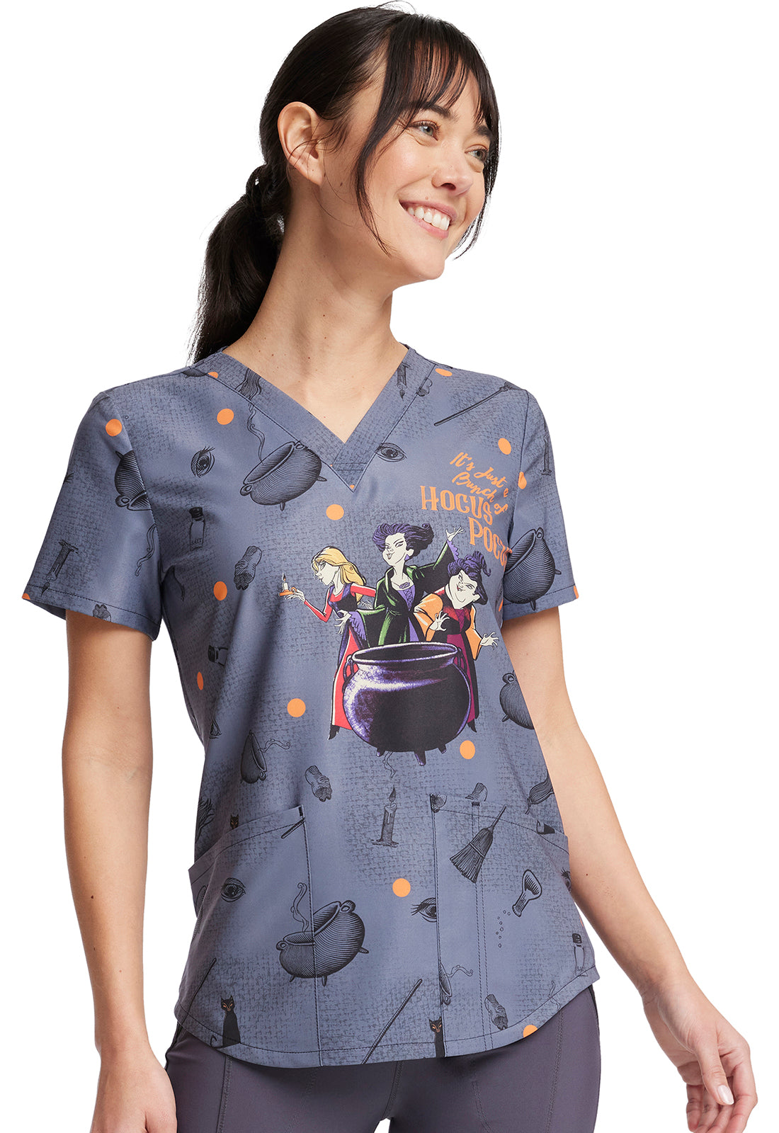 Hocus Pocus V-Neck Scrub Top Women's Holiday Print Scrub Top Cherokee Prints   