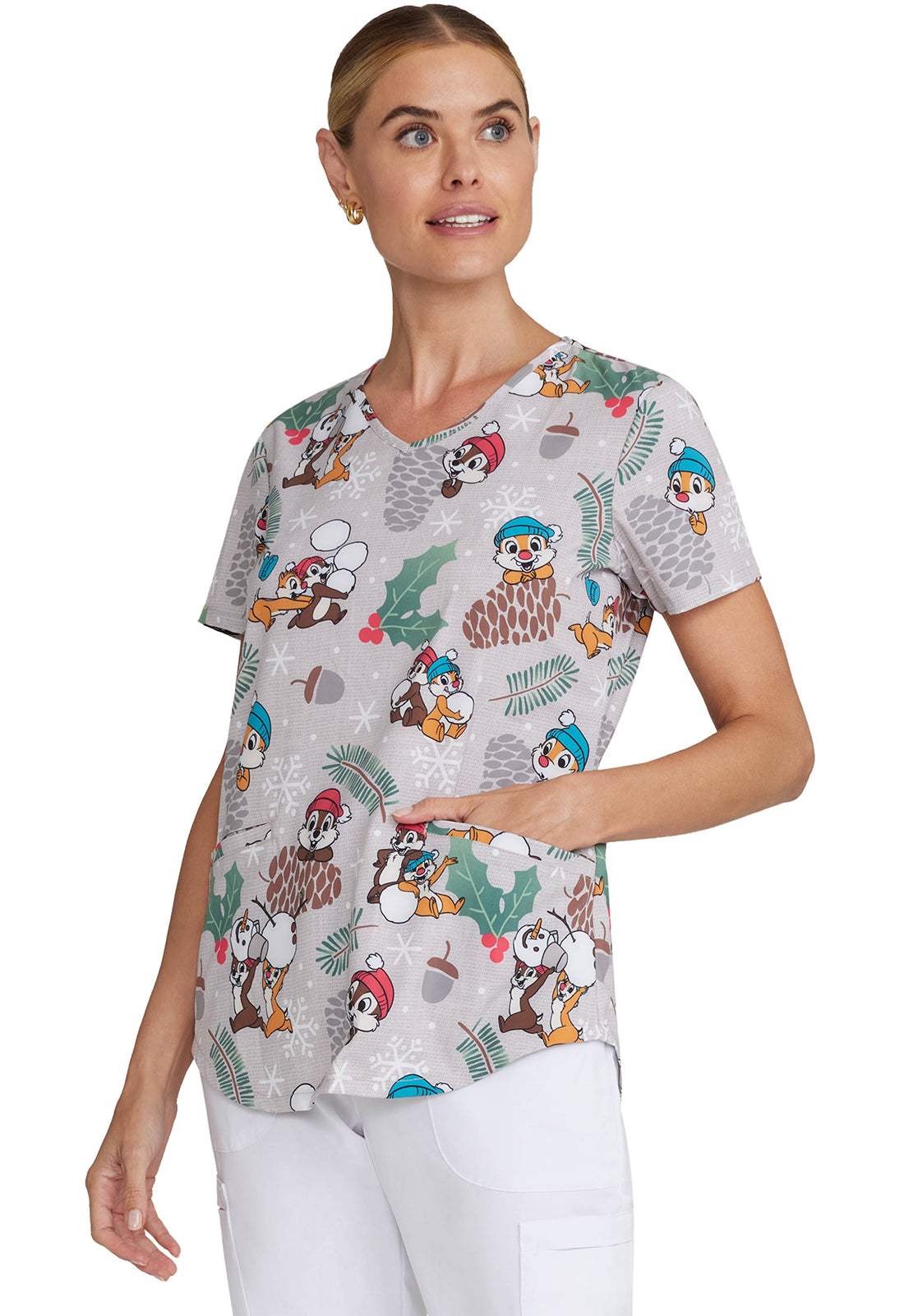 Chip and Dale Winter Wonderland V-Neck Scrub Top Women's Holiday Print Scrub Top Cherokee Licensed Nuts About Winter S