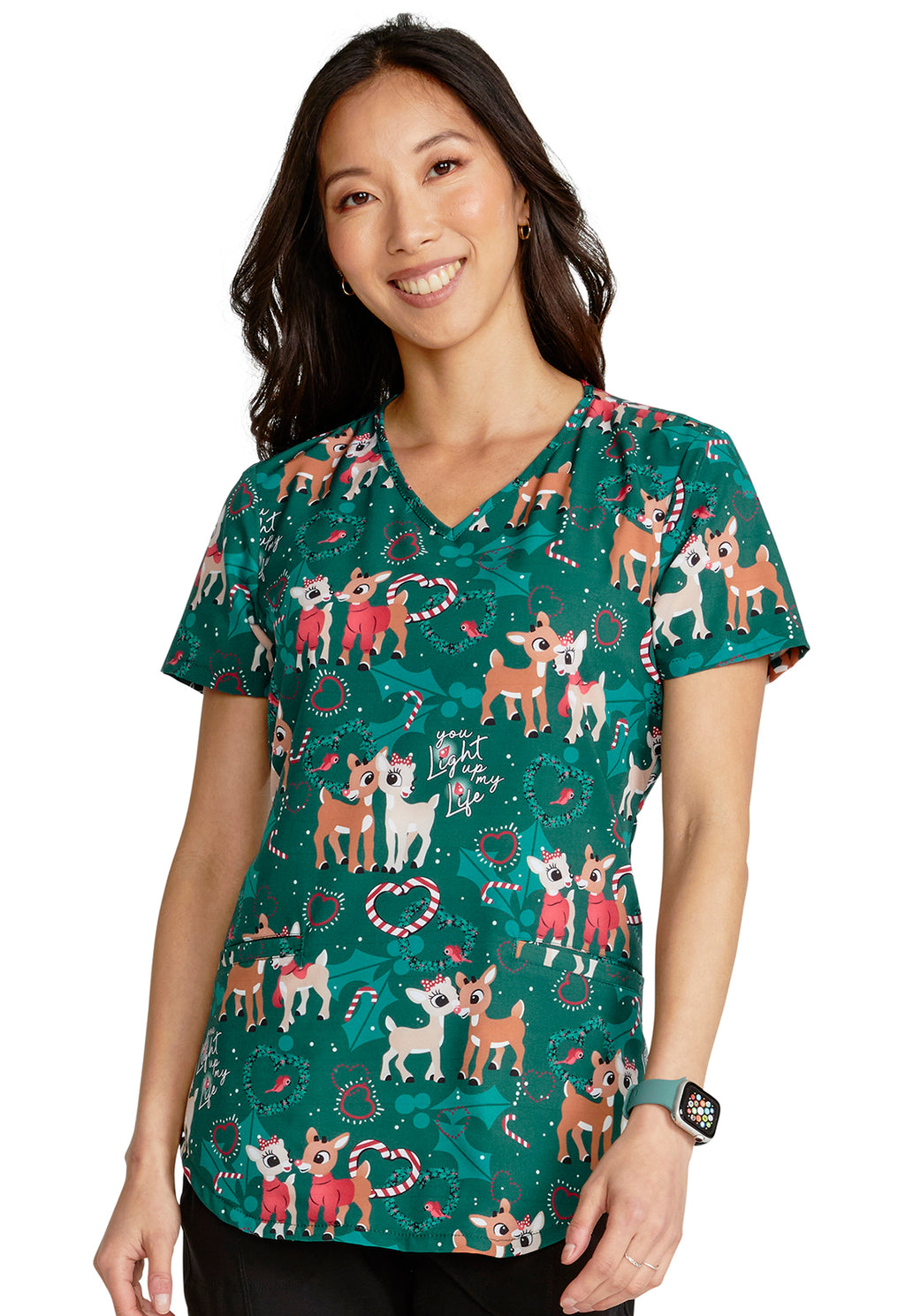 You Light Up The Night Rudolph V-Neck Print Top Women's Holiday Print Scrub Top Cherokee Licensed XS