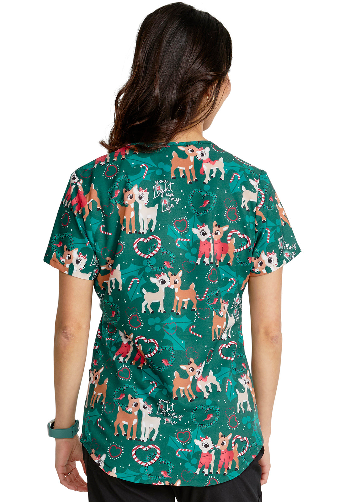 You Light Up The Night Rudolph V-Neck Print Top Women's Holiday Print Scrub Top Cherokee Licensed