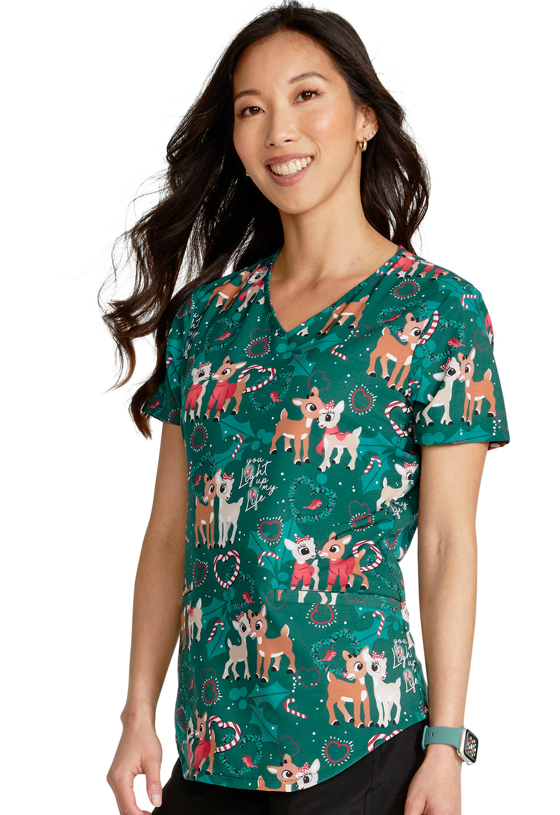 You Light Up The Night Rudolph V-Neck Print Top Women's Holiday Print Scrub Top Cherokee Licensed
