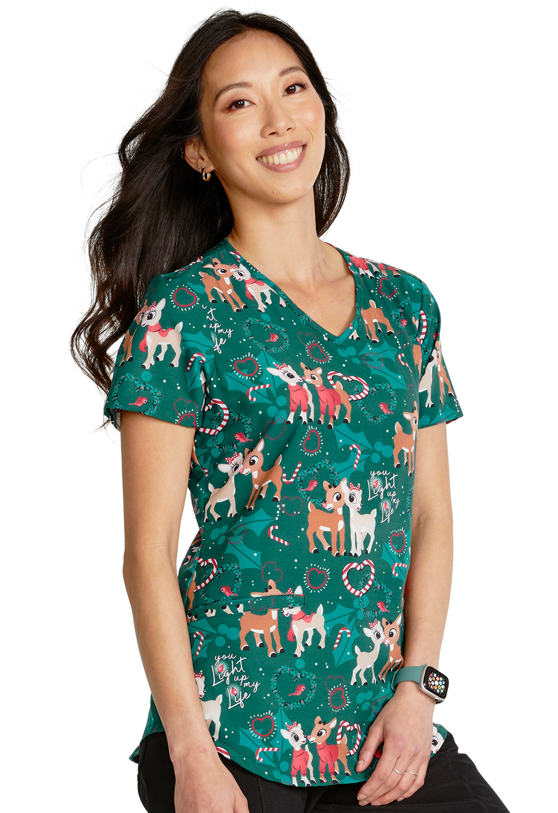 You Light Up The Night Rudolph V-Neck Print Top Women's Holiday Print Scrub Top Cherokee Licensed