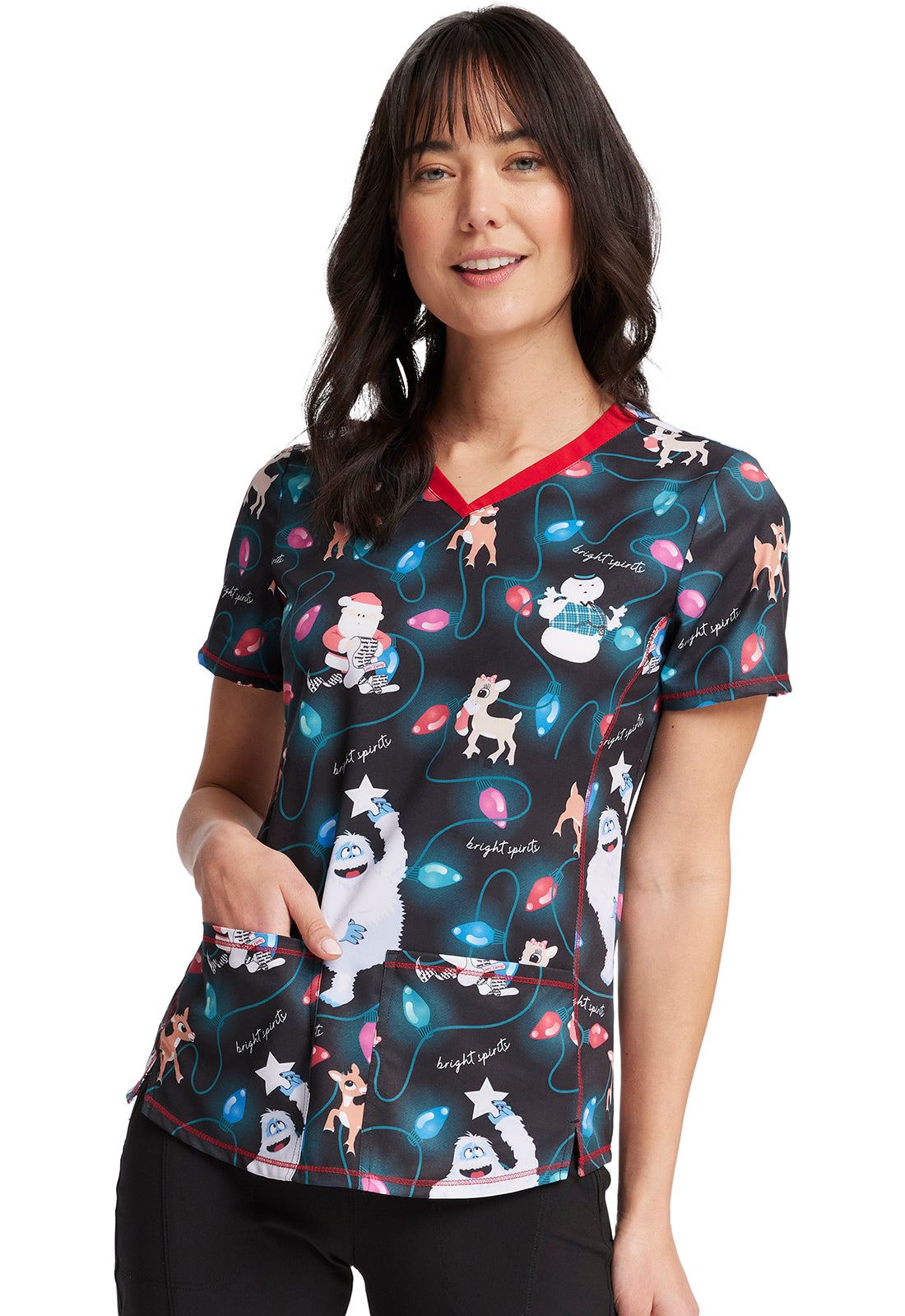 Cherokee Licensed Print Top - V-Neck Holiday Scrub Top in Rudolph Reindeer Women's Holiday Print Scrub Top Cherokee Licensed XS  