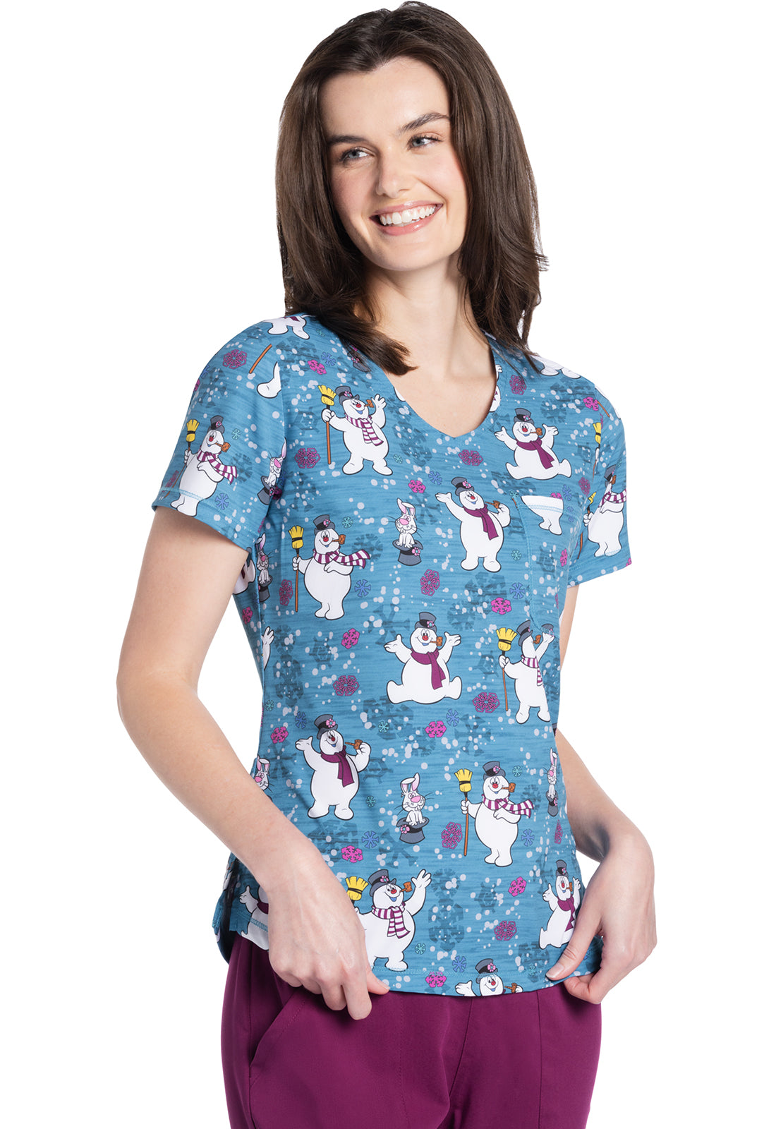 Frosty The Snowman V-Neck Scrub Top Women's Holiday Print Scrub Top Cherokee Licensed S