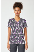 Front view of the Tooniforms Disney Cafe Cat V-Neck Print Scrub Top 2-Pockets 