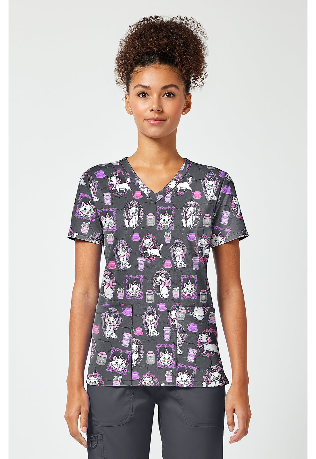 Front view of the Tooniforms Disney Cafe Cat V-Neck Print Scrub Top 2-Pockets 