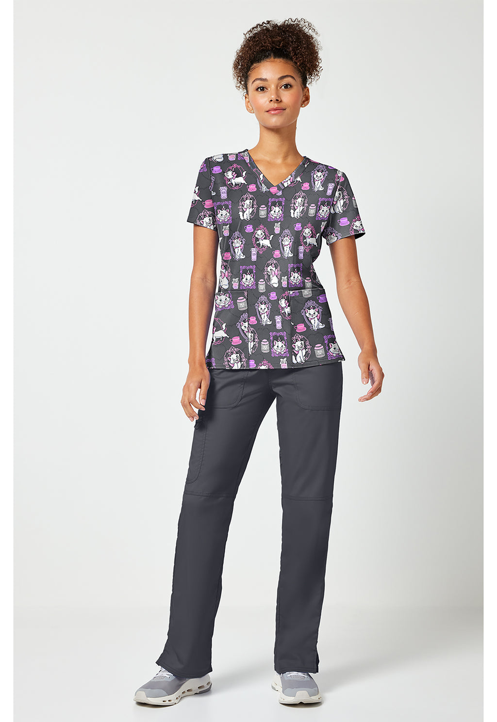 Full view of the Tooniforms Disney Cafe Cat V-Neck Print Scrub Top 2-Pockets 