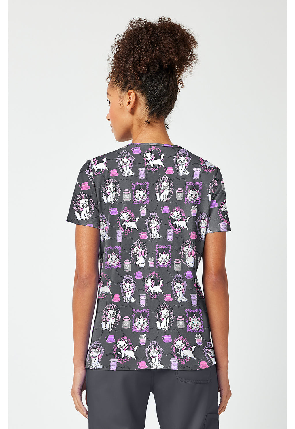 Back view Tooniforms Disney Cafe Cat V-Neck Print Scrub Top 2-Pockets 