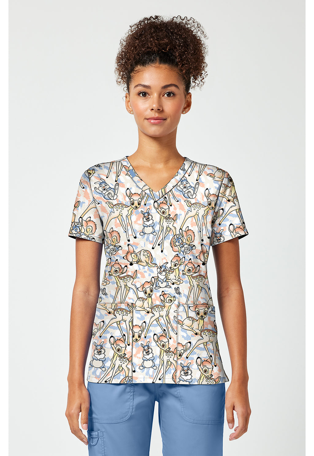 Front view of the Tooniforms Disney Bambi V-Neck Print Scrub Top