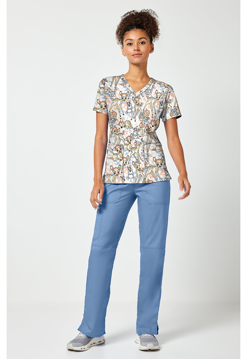 Full view of the Tooniforms Disney Bambi V-Neck Print Scrub Top