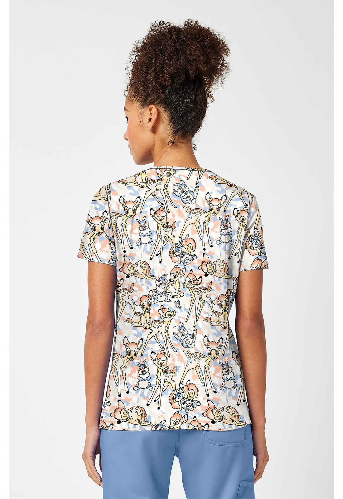 Back view of the Tooniforms Disney Bambi V-Neck Print Scrub Top