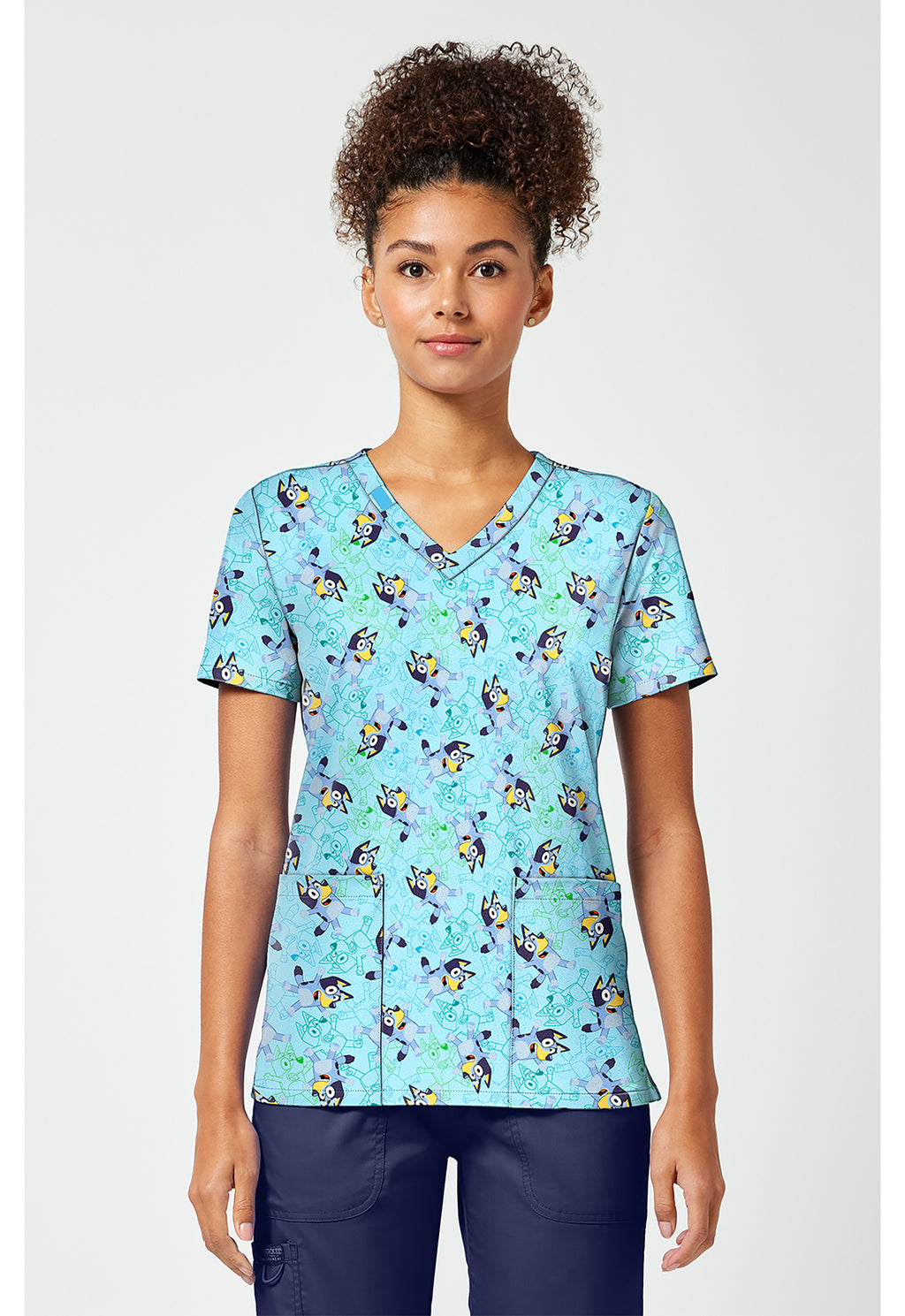 Front view of the Tooniforms Bluey Zone V-Neck Print Scrub Top