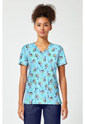 Front view of the Tooniforms Bluey Zone V-Neck Print Scrub Top