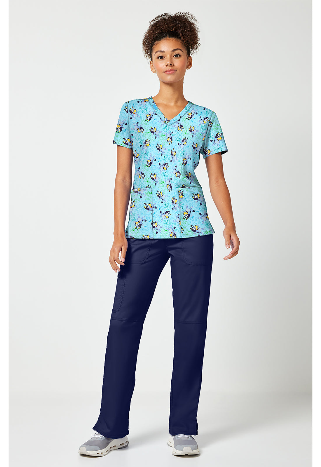 Full view of the Tooniforms Bluey Zone V-Neck Print Scrub Top