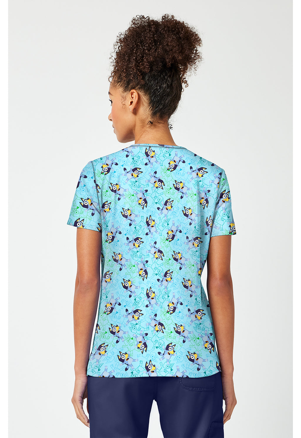 Back view of the Tooniforms Bluey Zone V-Neck Print Scrub Top