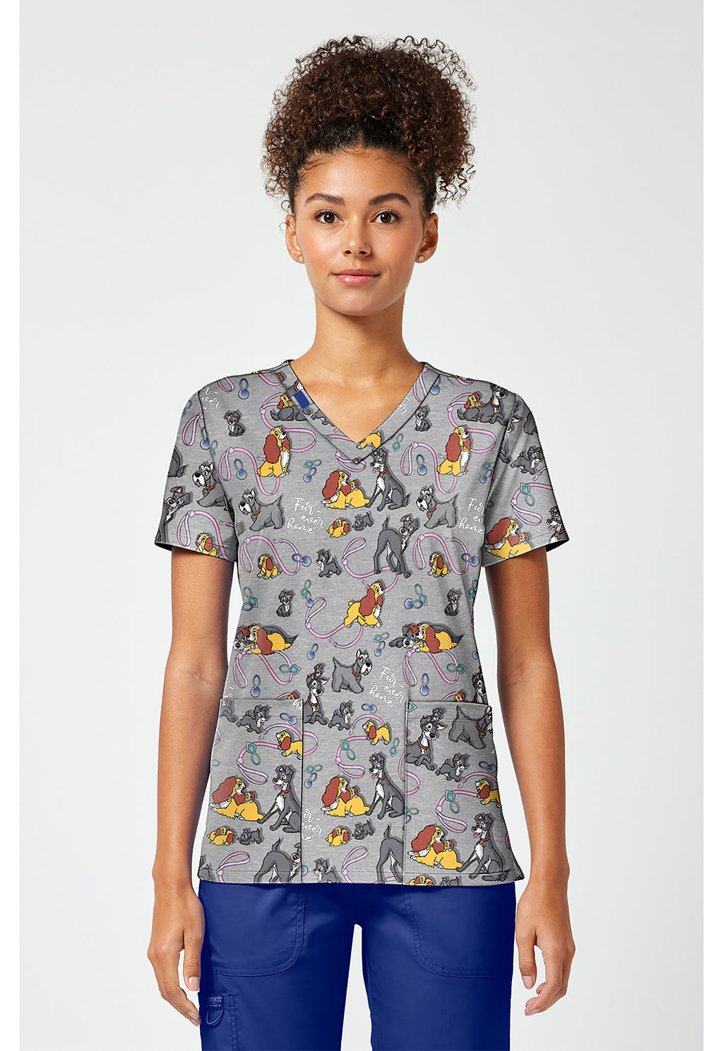 Front view of the Tooniforms Disney Lady and the Tramp Print Scrub Top