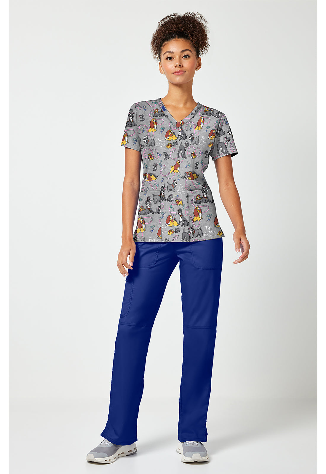 Full view of the Tooniforms Disney Lady and the Tramp Print Scrub Top
