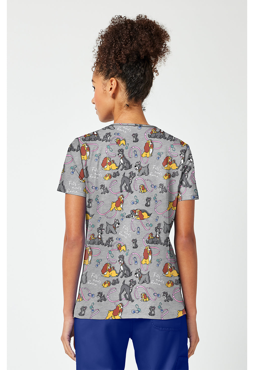 Back view of the Tooniforms Disney Lady and the Tramp Print Scrub Top