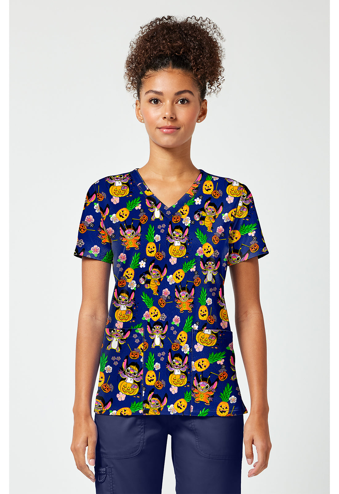 Front view of the Lilo & Stitch Halloween Scrub Top