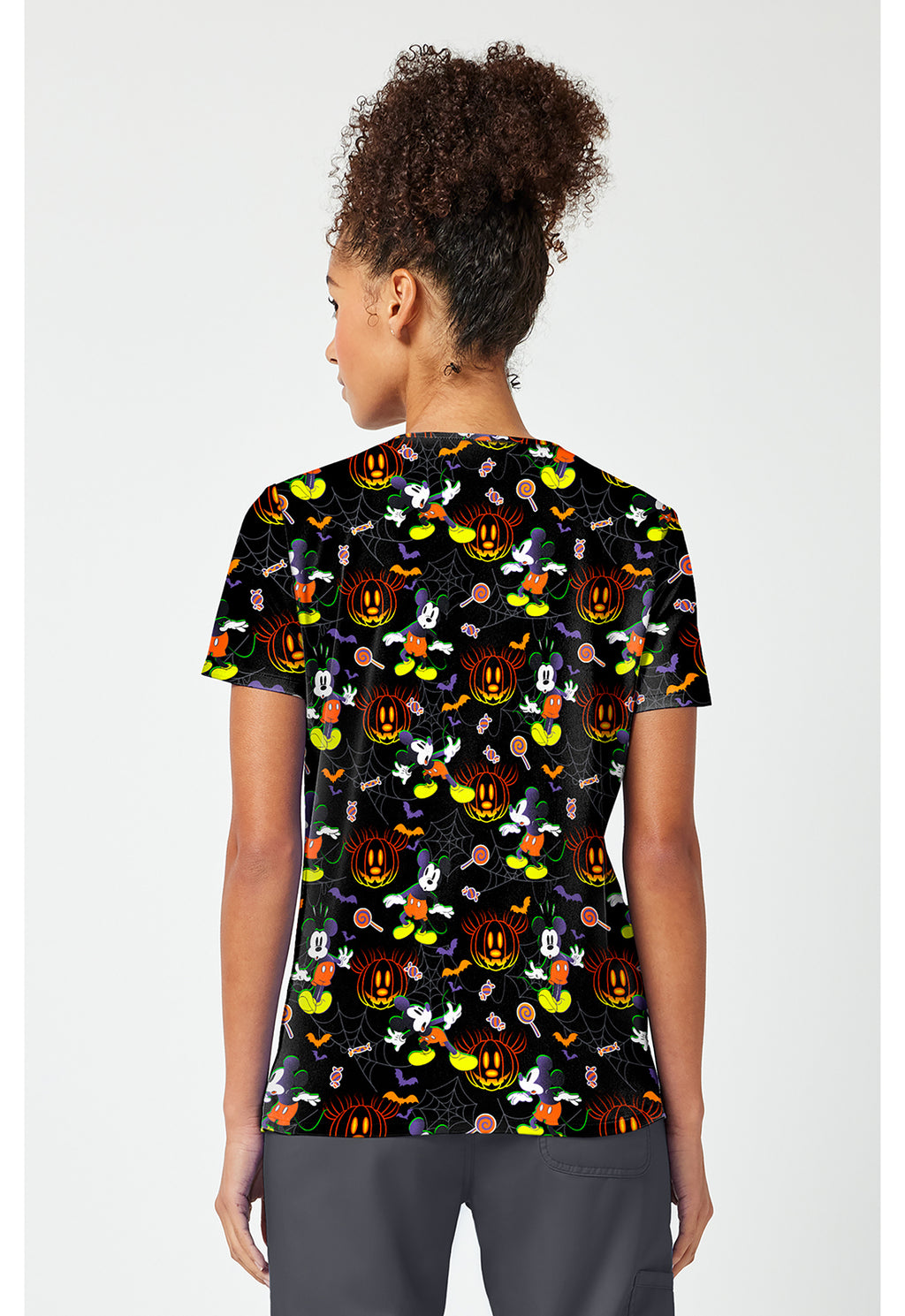 Back view of the Mickey Mouse Spooky Webs Scrub Top