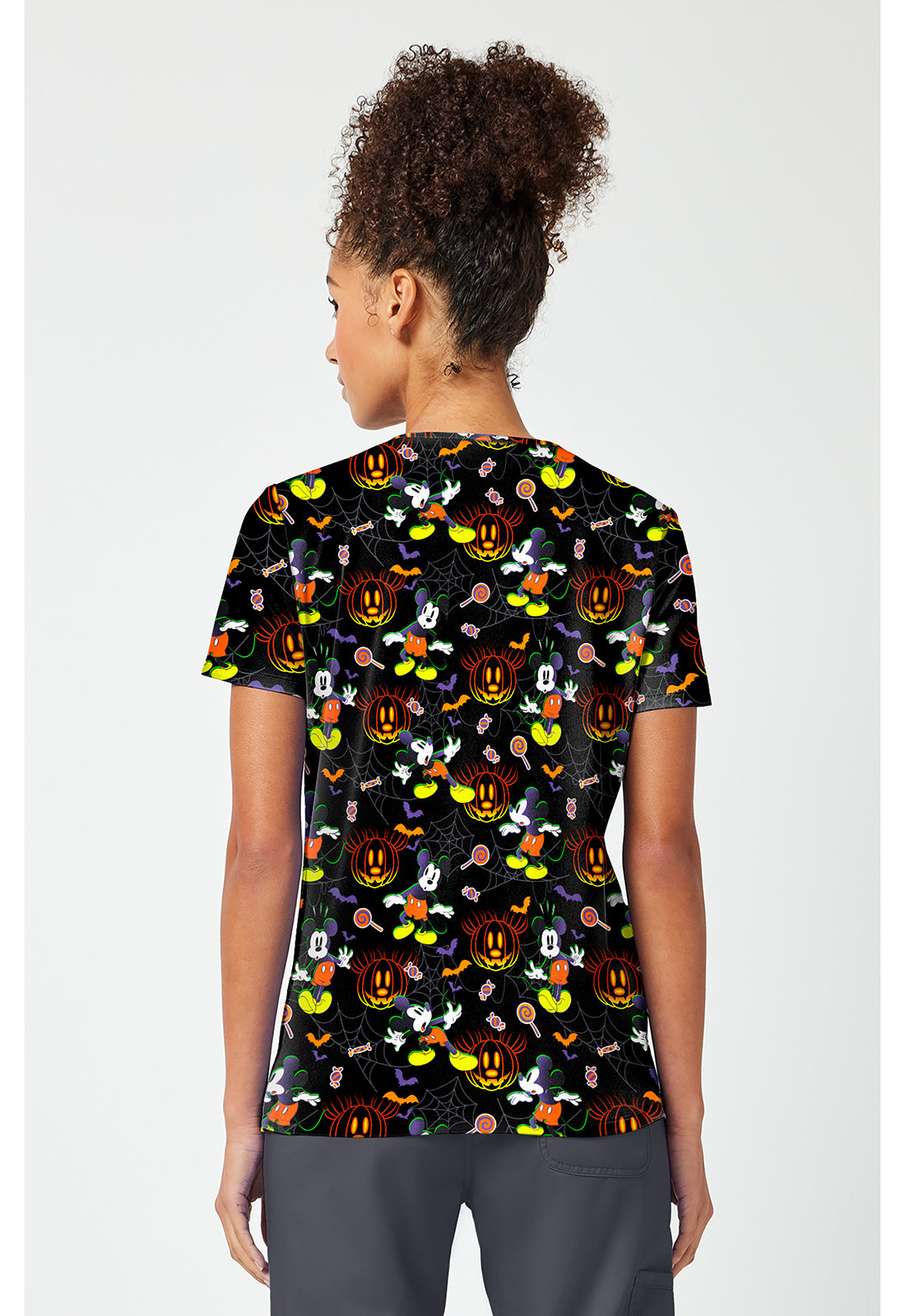 Back view of the Mickey Mouse Spooky Webs Scrub Top