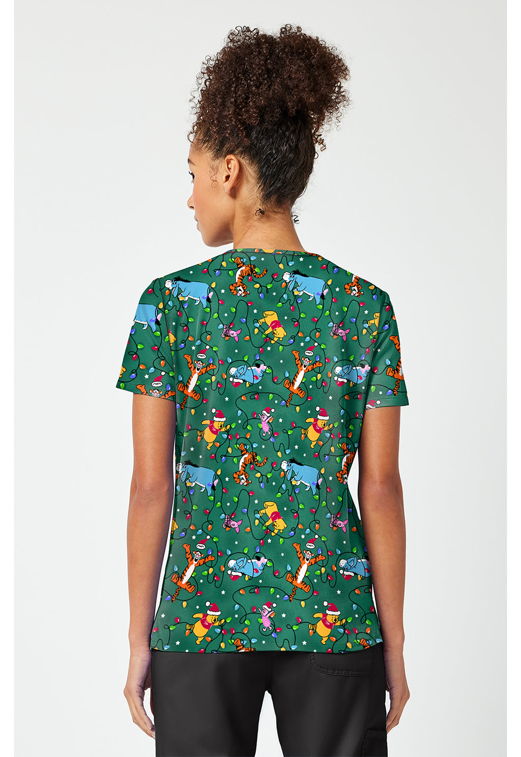 Back view of the Winnie The Pooh Holiday Helpers Scrub Top