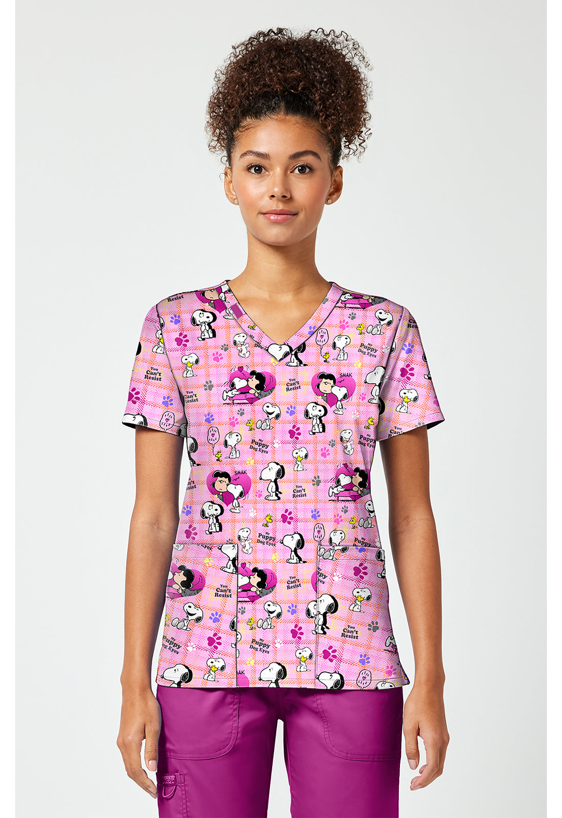 Front view of the Snoopy Eyes Scrub Top