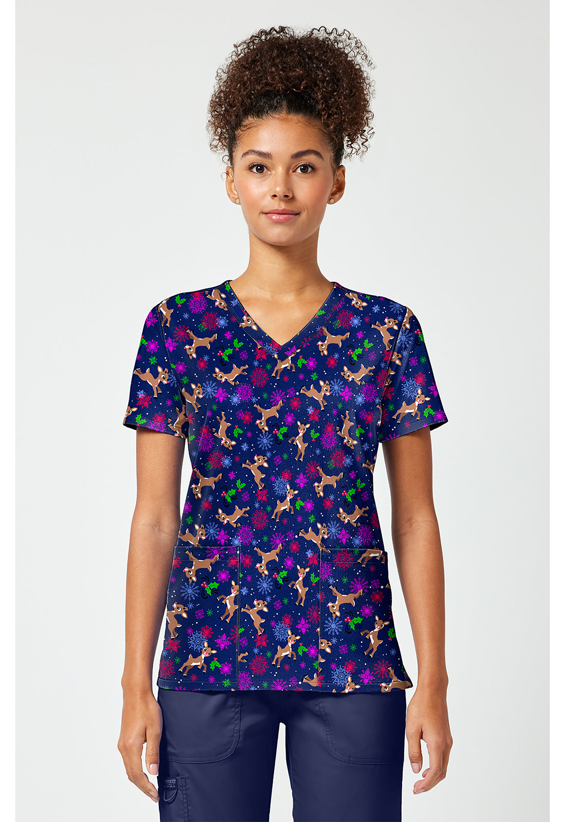 Front view of the Rudolph Nose So Bright Scrub Top