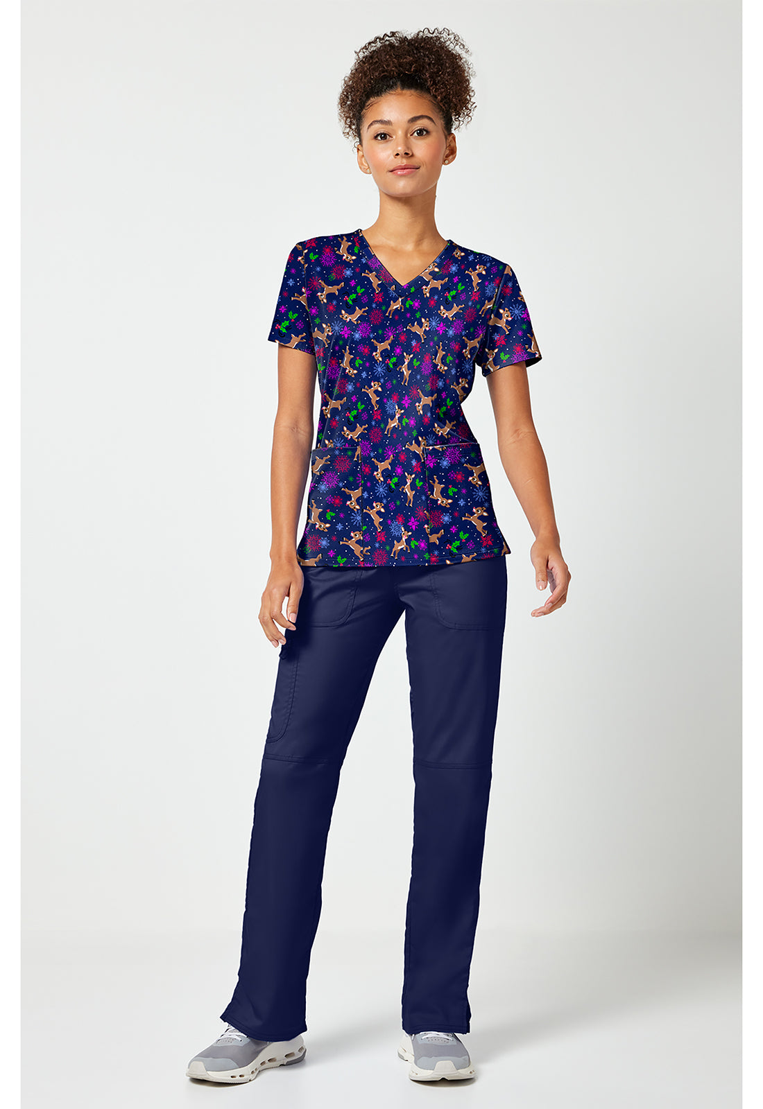 Full view of the Rudolph Nose So Bright Scrub Top
