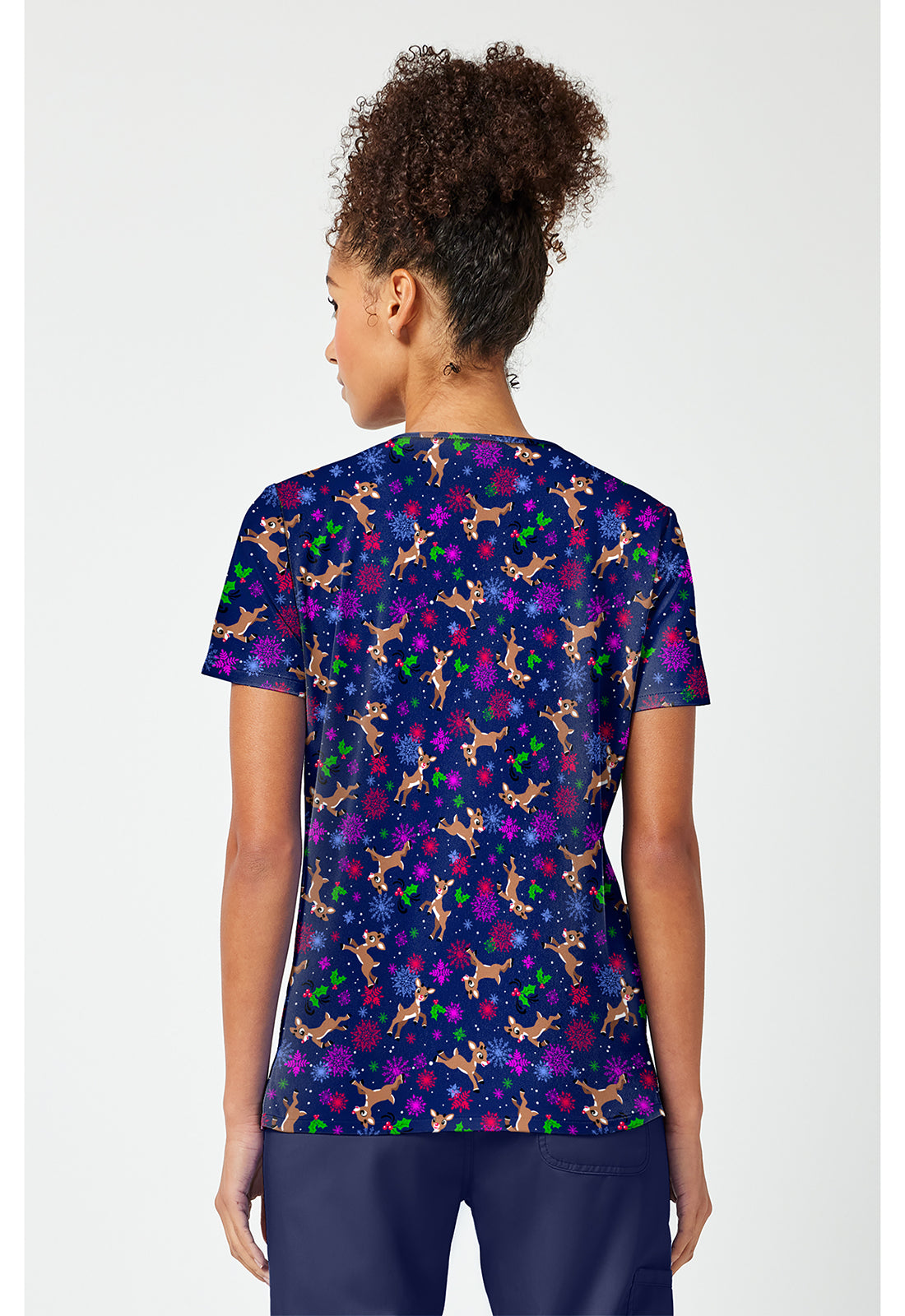 Back view of the Rudolph Nose So Bright Scrub Top