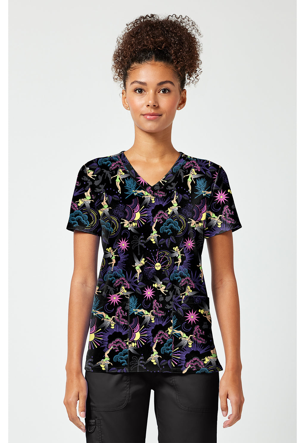 Front view of the Peter Pan Tinkerbell Scrub Top