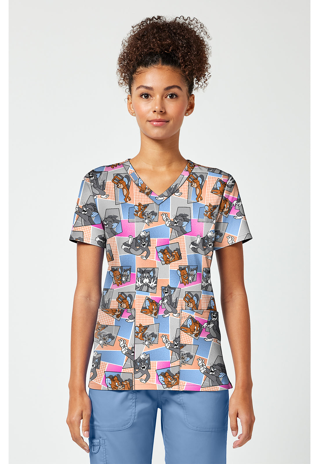 Front view of the Tom and Jerry Cat Time Scrub Top