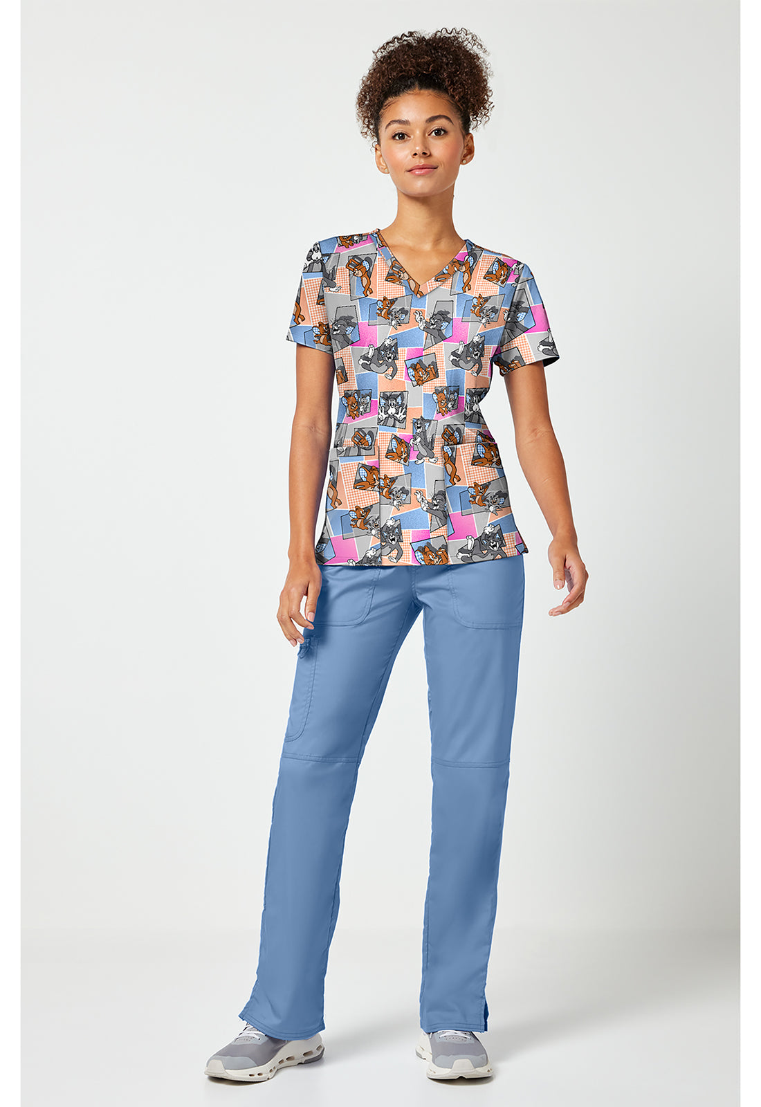 Full view of the Tom and Jerry Cat Time Scrub Top
