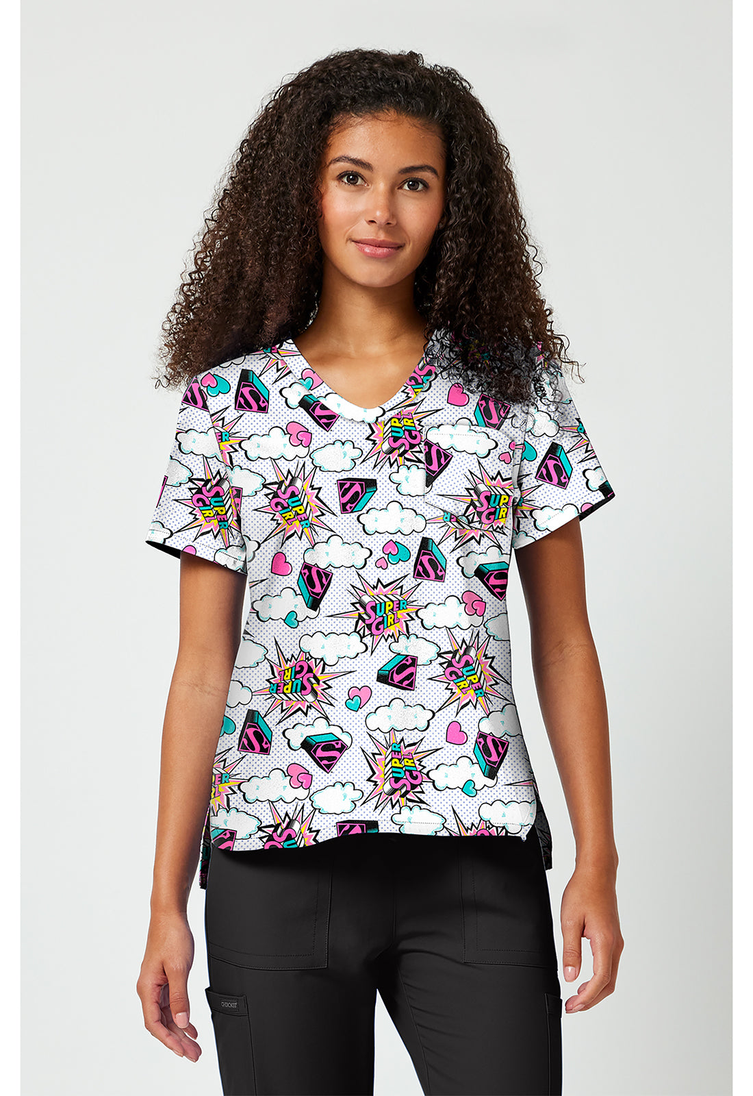 Front view Tooniform Super Girl Head Skyward Scrub Top TF797 DMBB