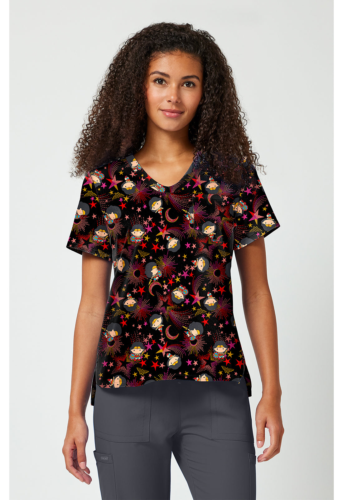 Front view Tooniforms Wonder Woman Super Celestial Scrub Top TF797 DMTS