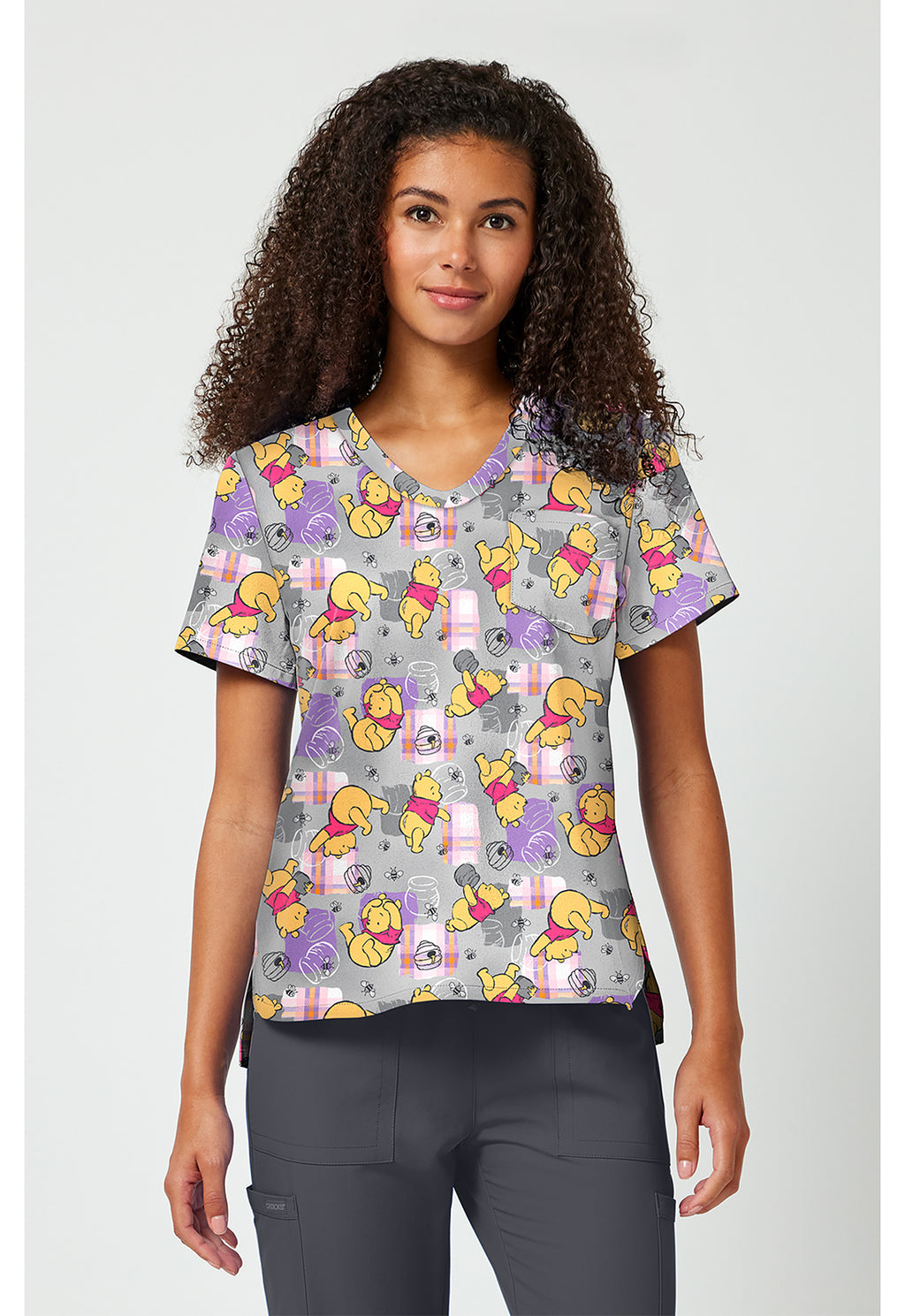 Front view of Tooniforms Winnie The Pooh Honey Plaid Scrub Top TF797 PHHY