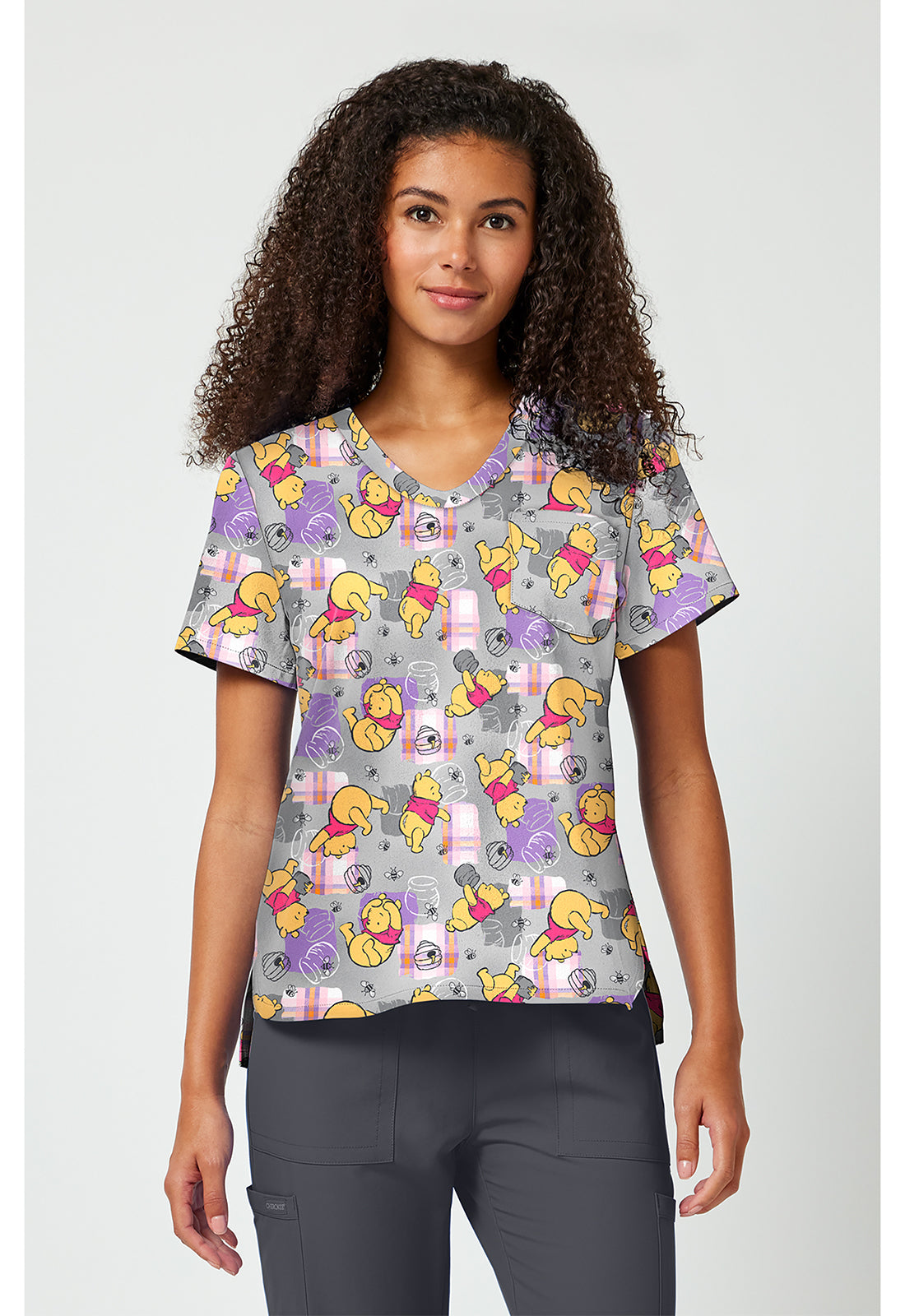 Front view of Tooniforms Winnie The Pooh Honey Plaid Scrub Top TF797 PHHY