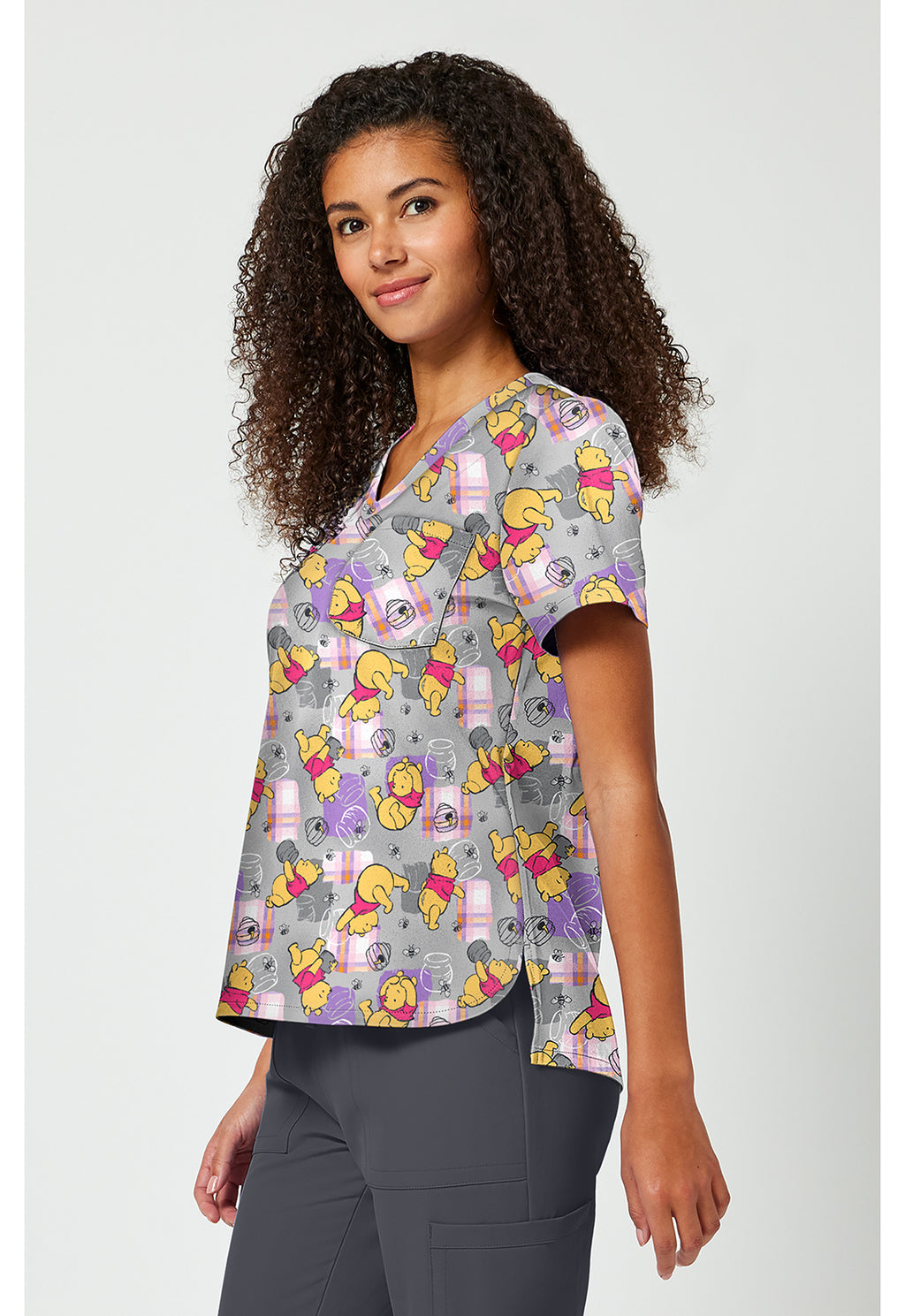 Side view of Tooniforms Winnie The Pooh Honey Plaid Scrub Top TF797 PHHY