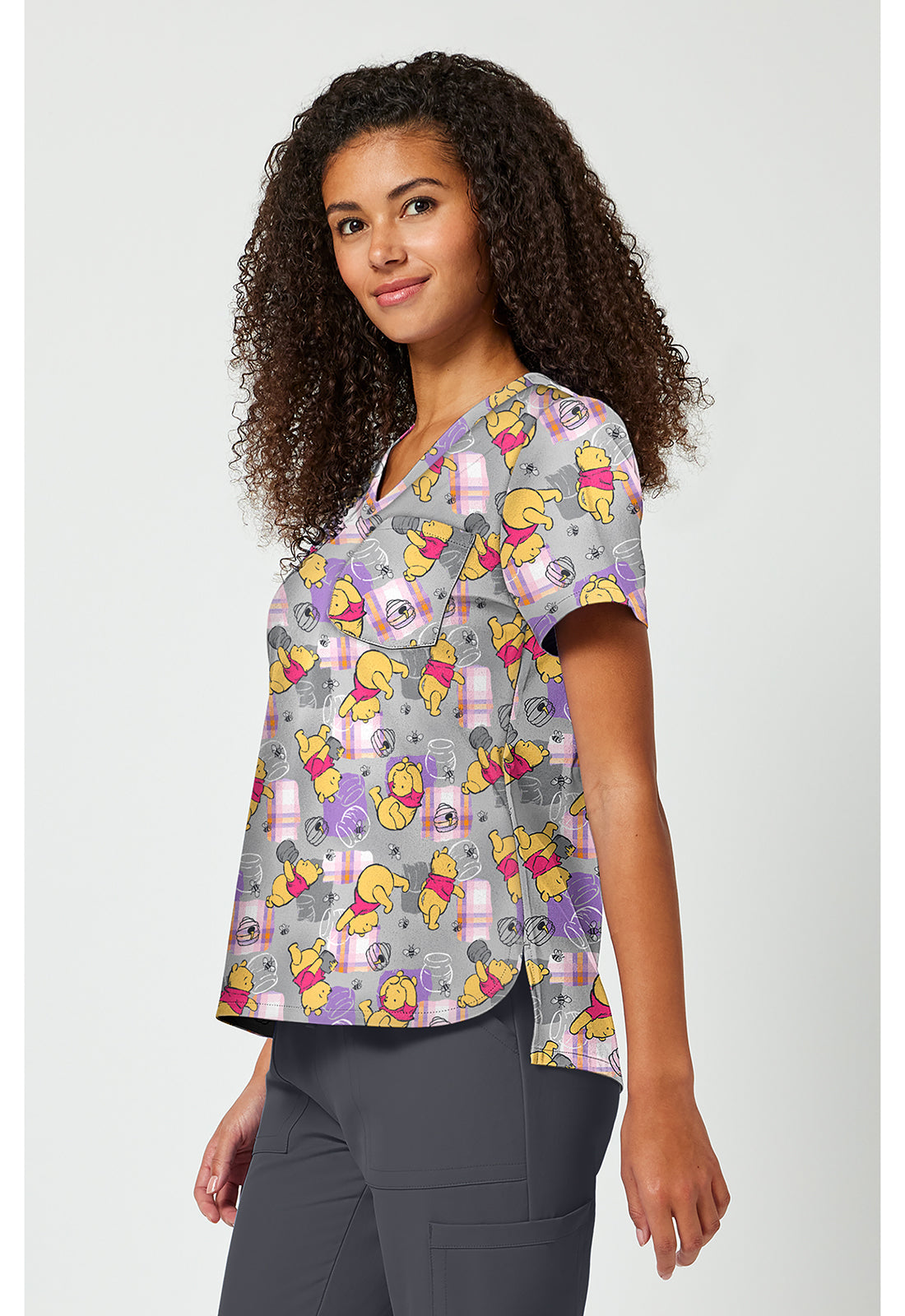 Side view of Tooniforms Winnie The Pooh Honey Plaid Scrub Top TF797 PHHY