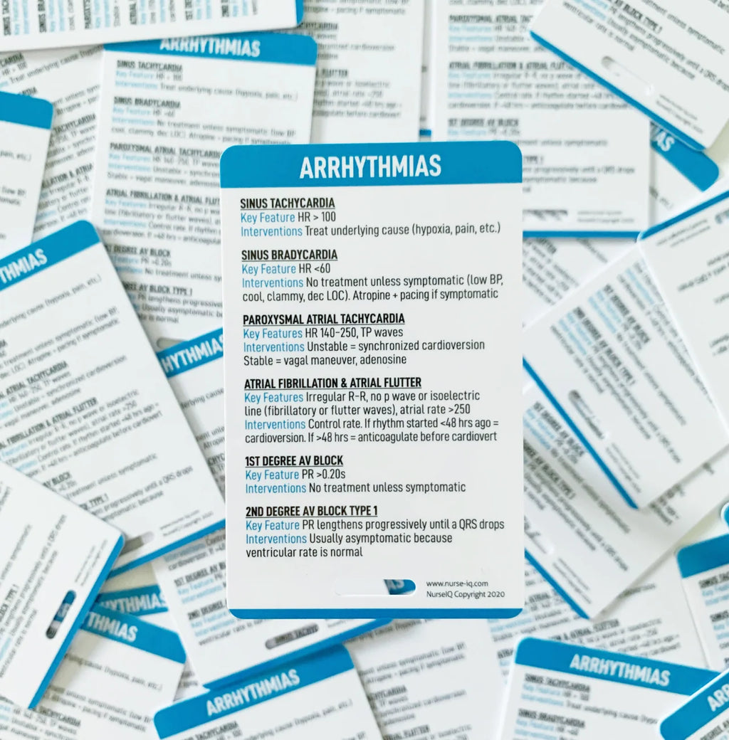 Blue Arrhythmias Badge Reference Card for nursing.