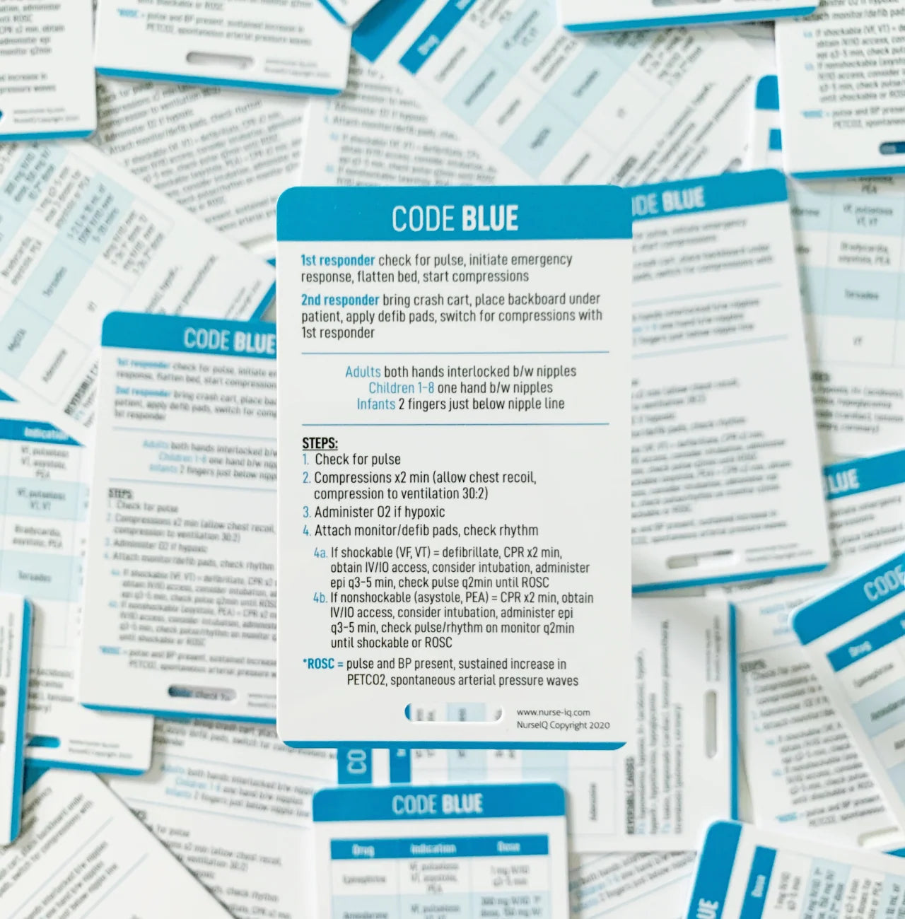 NURSE IQ Code Blue reference card badge for nursing.