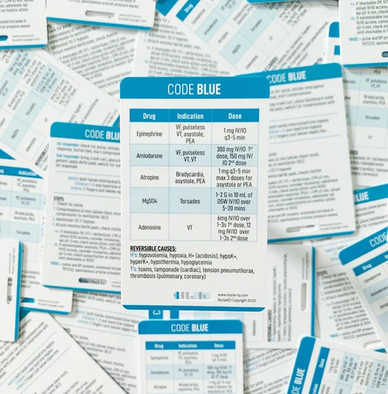 NURSE IQ Code Blue reference card badge for nursing.