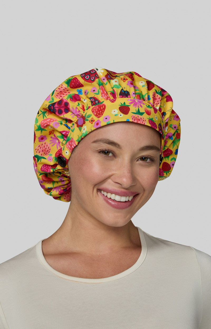 KOI Artist Series Bouffant Scrub Cap - Strawberries and Ladybugs