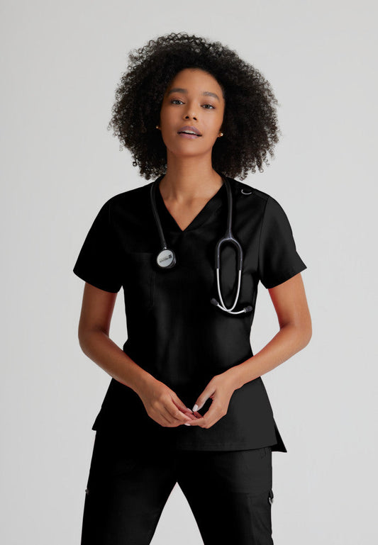 Grey's Anatomy Bree Tuck In Scrub Top Women's Scrub Top Grey's Anatomy Spandex Stretch Black XS 