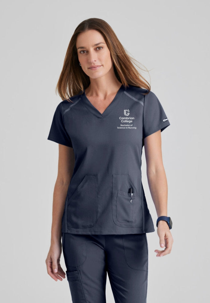 Cambrian College Nursing - Elevate Scrub Top Women's Scrub Top Grey's Anatomy Impact Steel XXS