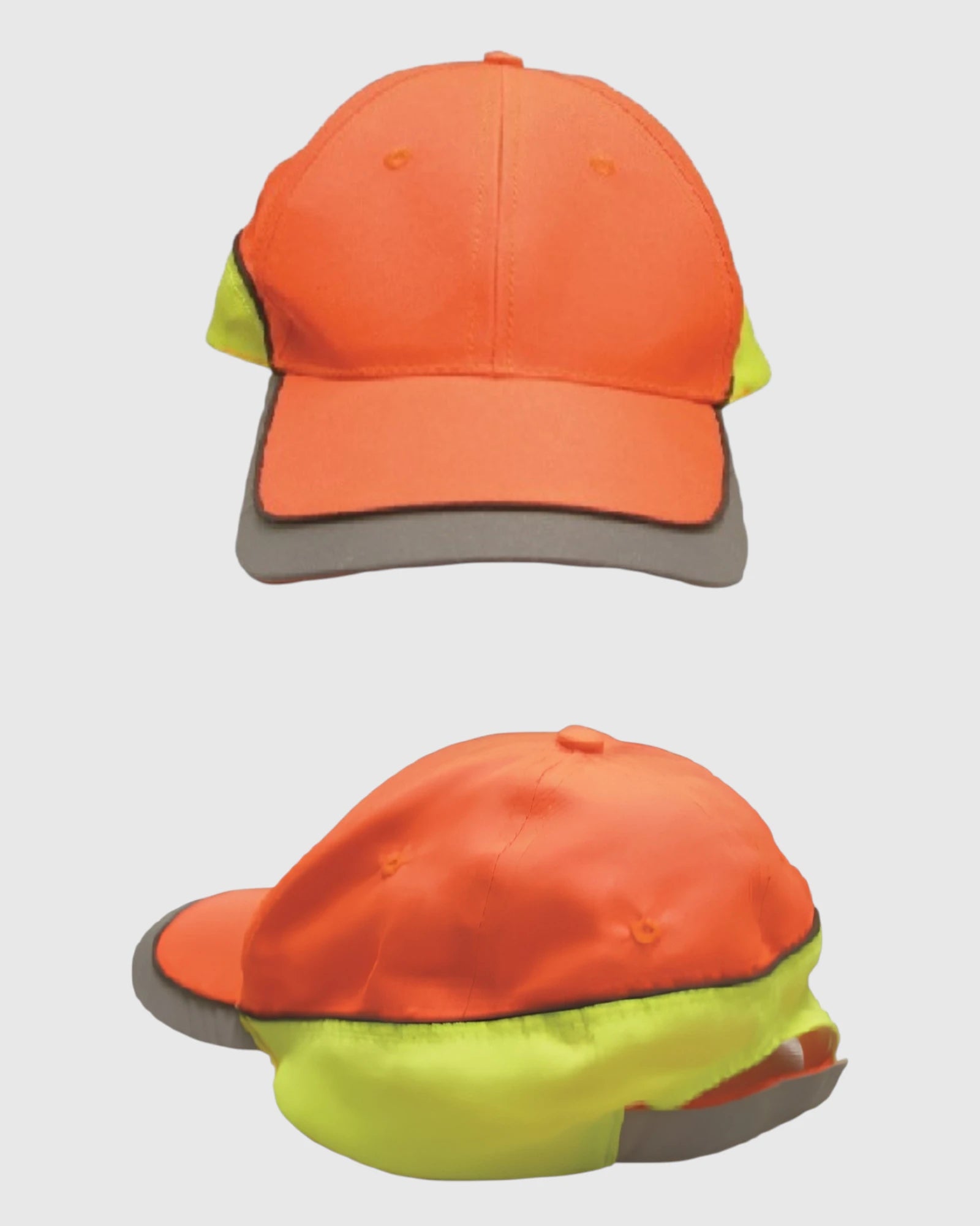 An orange high-visibility baseball cap with neon yellow-green side panels and a gray brim, shown from the front and back against a light gray background.