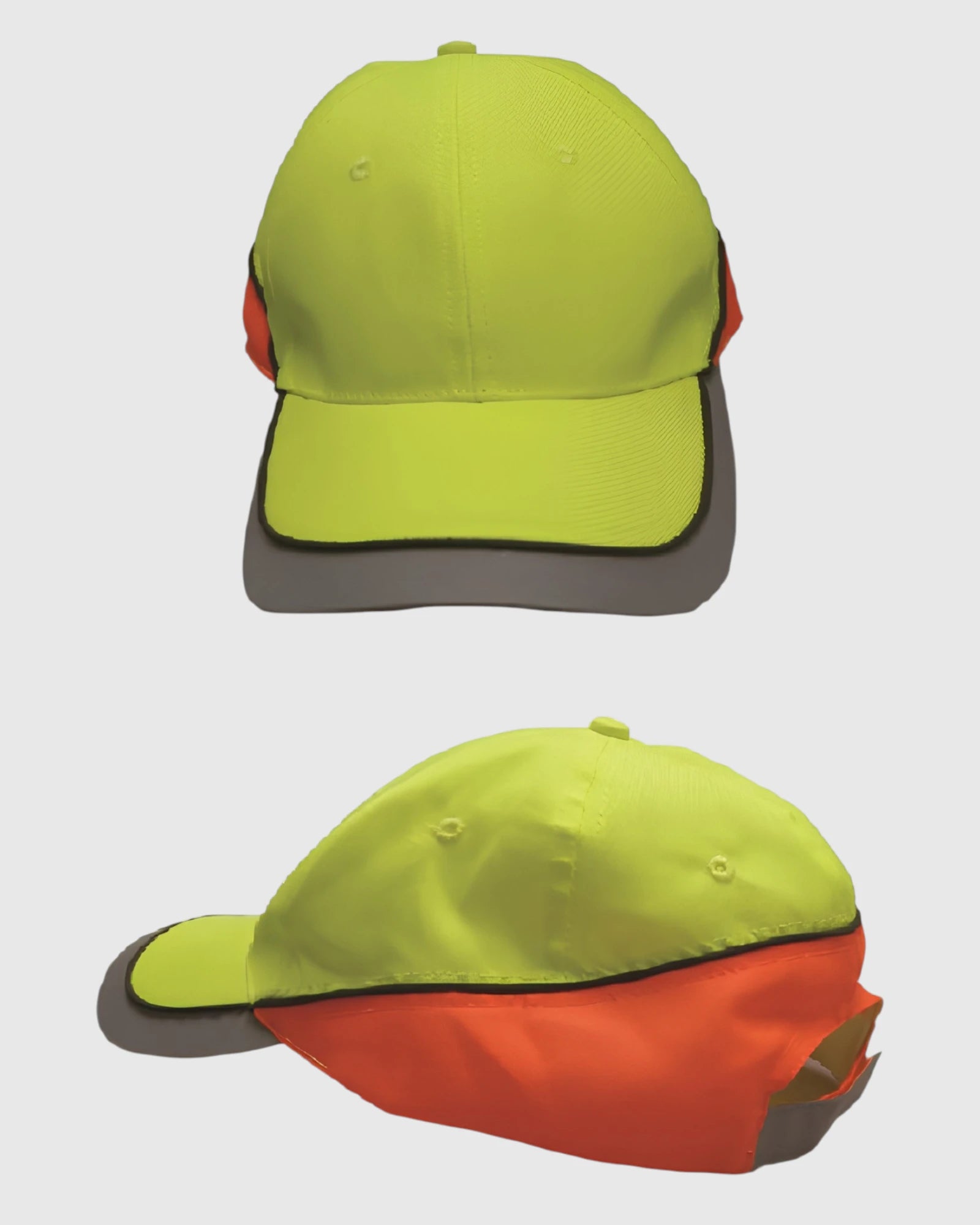 A high-visibility safety cap shown from two angles against a light gray background. The front view shows a bright neon yellow-green crown and visor with a dark gray brim edge, while the side view shows an orange back panel and a gray ear cover.