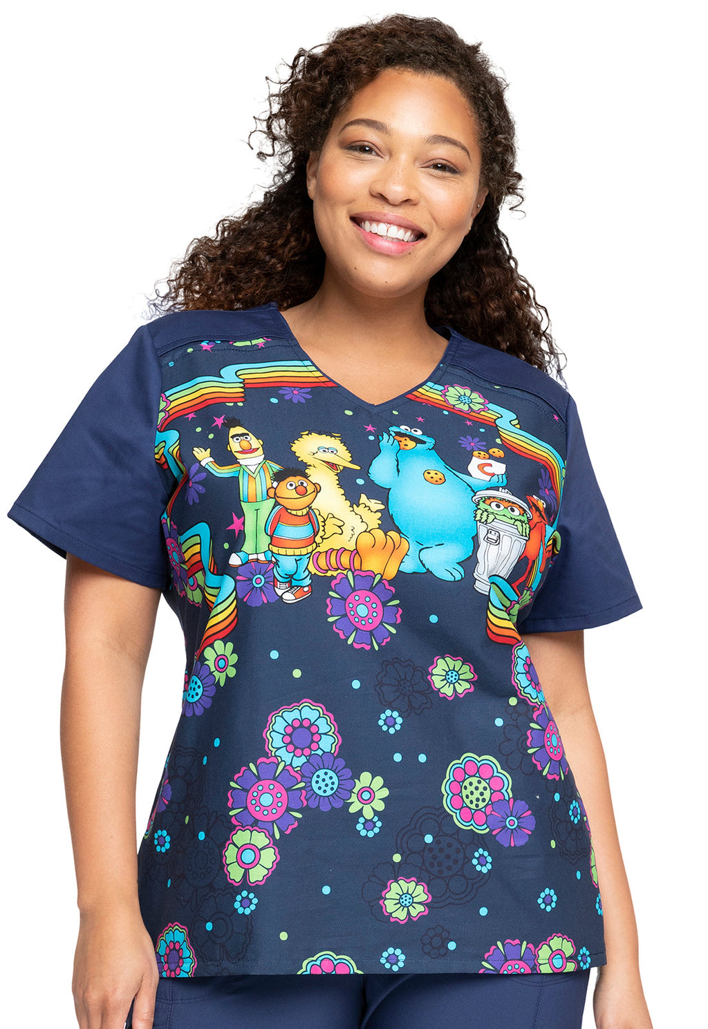 Coming Or Going Sesame Street Scrub Top Women's Print Scrub Top Cherokee Licensed XXS  