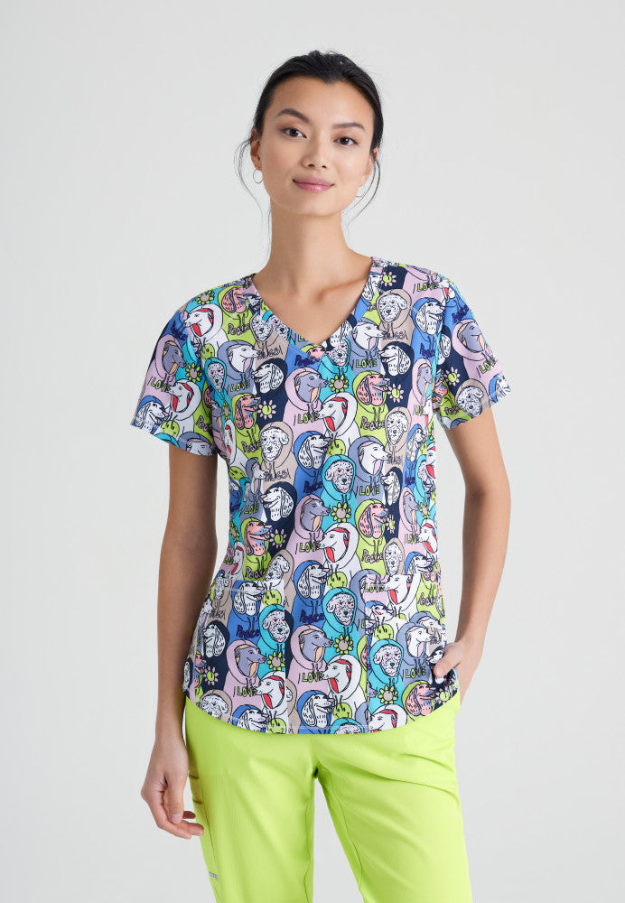 Skechers |  Essence Print Scrub Top Women's Print Scrub Top Skechers Dogs In The Hood XXS 