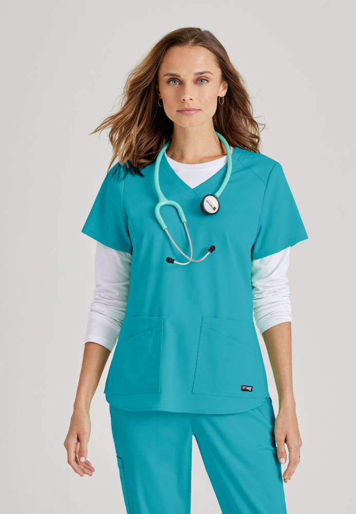 Grey's Anatomy Emma Top - 4 Pocket Scrub Top in Classic Colors Women's Scrub Top Grey's Anatomy Spandex Stretch Teal XXS 